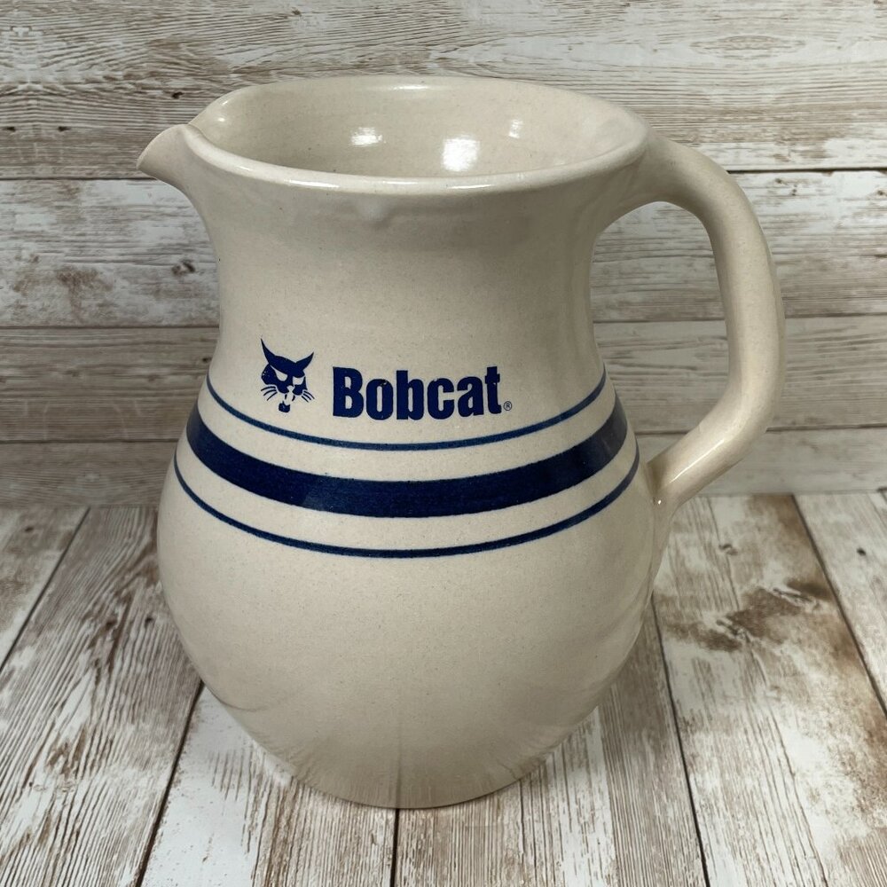 Vintage BOBCAT Cream Navy Blue Ceramic Pottery Water Jug Pot Pitcher 6.5" USA